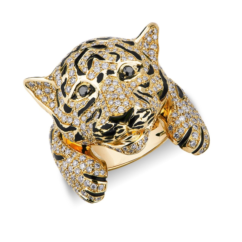 18k yellow gold tiger ring with black and white diamonds 