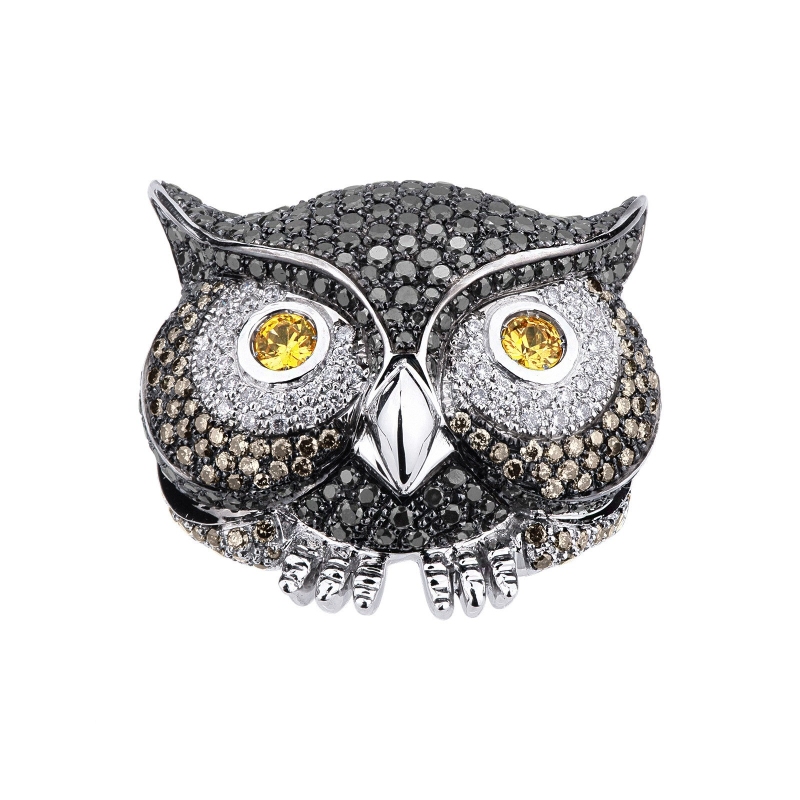 White gold 18k owl ring with black, white and brown diamonds 