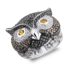 White gold 18k owl ring with black, white and brown diamonds 