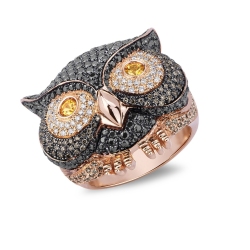 Rosé gold 18k owl ring with black, white and brown diamonds 
