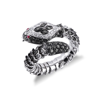 18k white gold snake ring with white and black diamonds and rubies