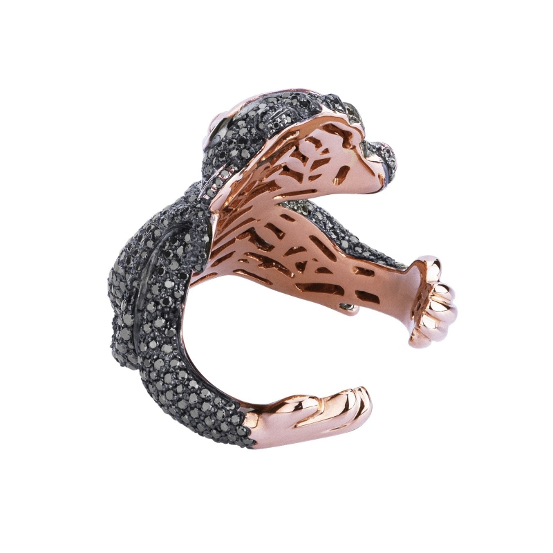 18k rosé gold monkey ring with black diamonds 