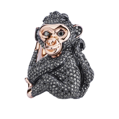 18k rosé gold monkey ring with black diamonds 