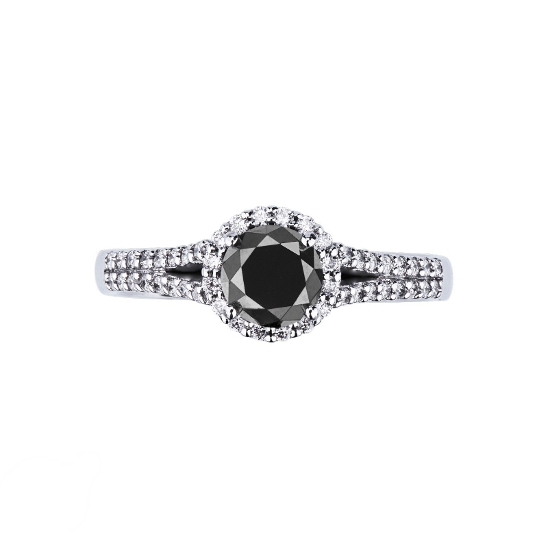Solitaire type ring with black central diamond and halo and shoulder set diamonds 