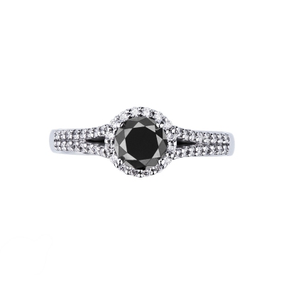 Solitaire type ring with black central diamond and halo and shoulder set diamonds 