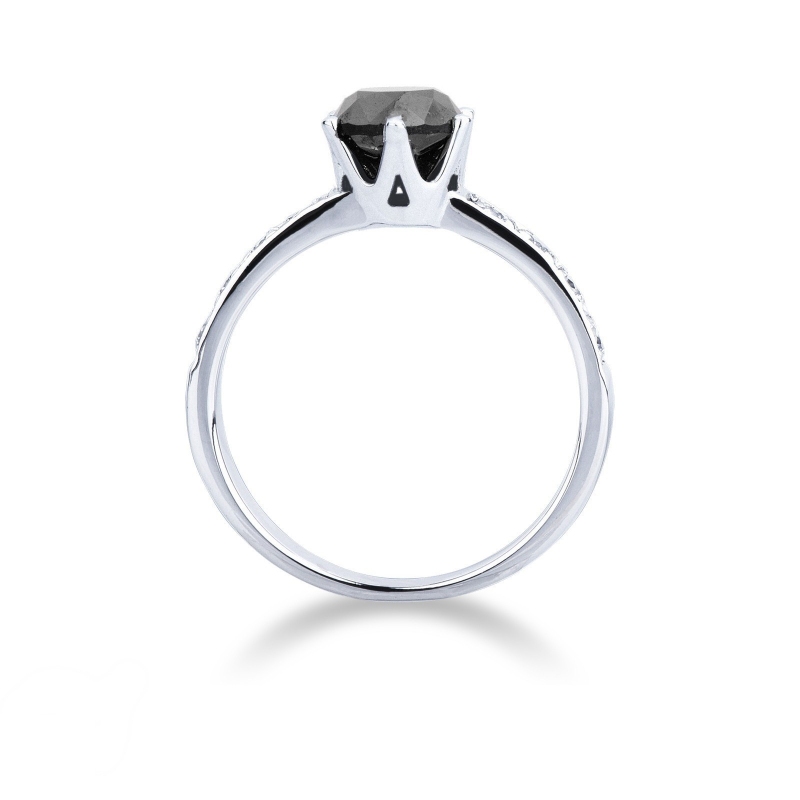 6 claw solitaire ring with a central black diamond and white diamonds shoulder set