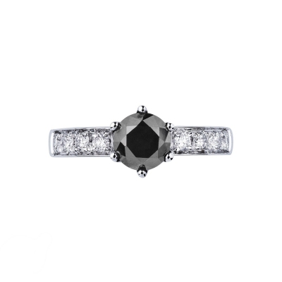 6 claw solitaire ring with a central black diamond and white diamonds shoulder set