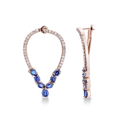 Rose gold 18k oval earrings with blue sapphires and diamonds 