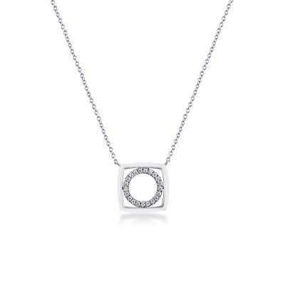 18k white gold necklace circle and square pendant with diamonds