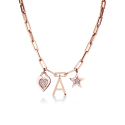 18k rose gold necklace with 3 charms and diamonds