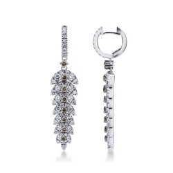 18k white gold drop earrings feather shaped with white and brown diamonds 