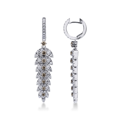 18k white gold drop earrings feather shaped with white and brown diamonds 