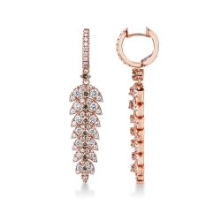 18k rose gold drop earrings feather shaped with white and brown diamonds 