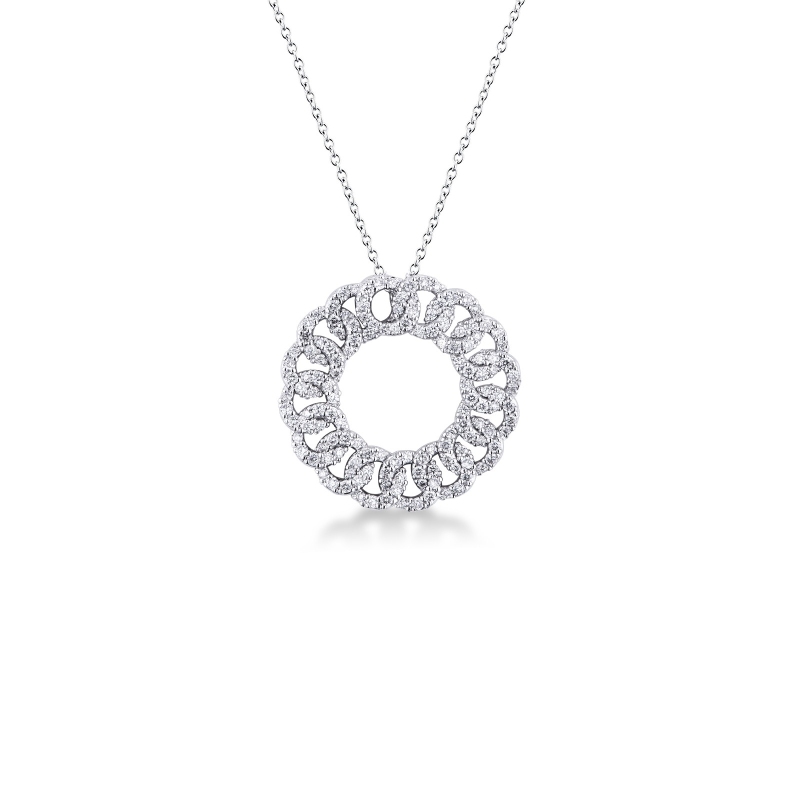 Collana a cerchio maglia groumette in oro bianco 18k con diamanti. Diametro circa 2.65 cm
