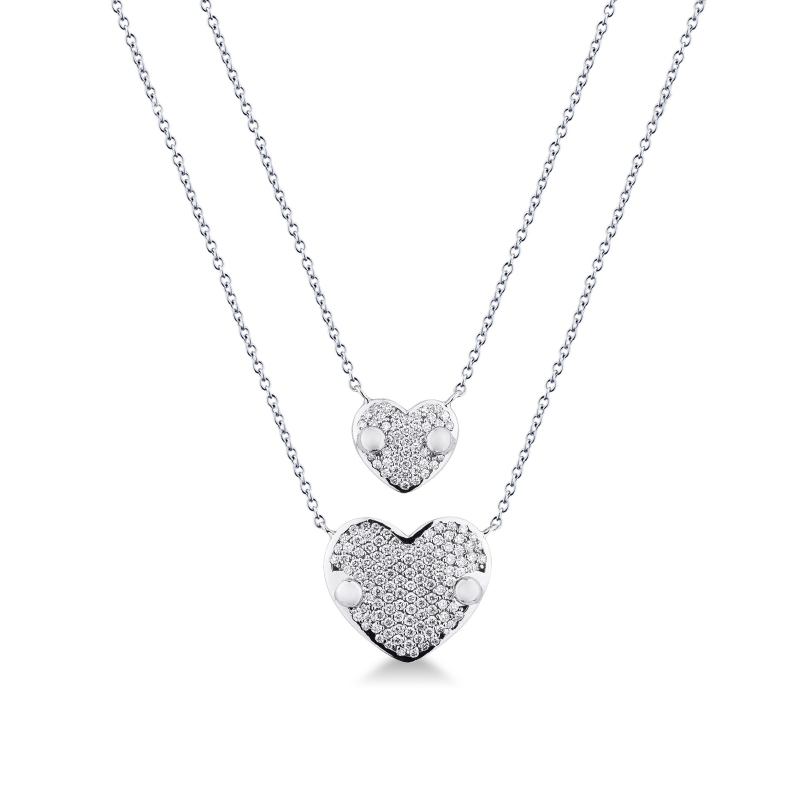 Collana doppio giro in oro bianco 18k con 2 cuori in diamanti