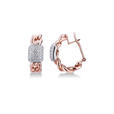 White and rose gold 18k groumette hoops with diamonds pavé