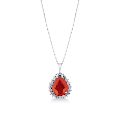 Necklace with pendant, pear cut ruby and round cut diamonds