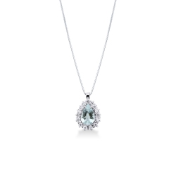 Necklace with pear shaped aquamarine crowned by diamonds