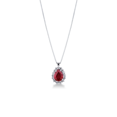 Necklace with pear shaped ruby and diamonds