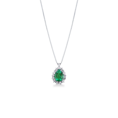 Necklace with pendant, pear cut emerald and diamonds