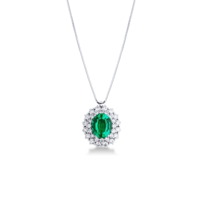 Necklace with pendant, oval emerald and 2 rows of diamonds