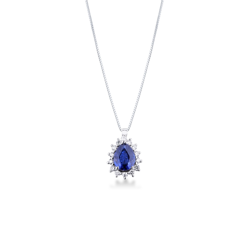 Collana in oro bianco 18k e ciondolo con zaffiro blu a goccia e diamanti a contorno