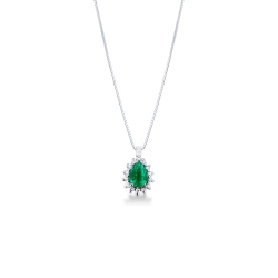 Necklace with pendant, central pear cut emerald and diamonds