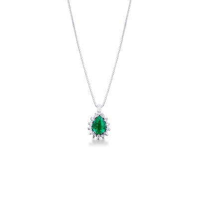 Necklace with pendant, central pear cut emerald and diamonds