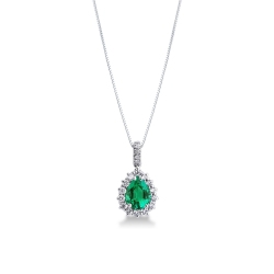 Necklace with pear cut emerald and round cut diamonds