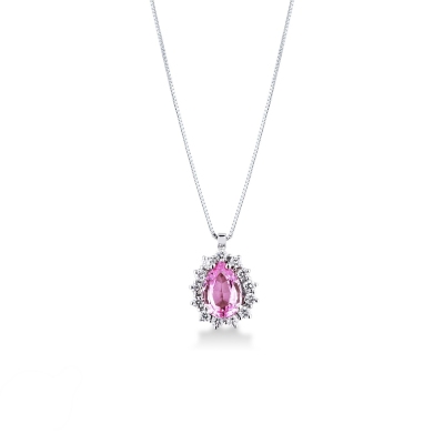 Necklace with pendant, pear shaped pink sapphire and diamonds