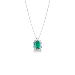 Necklace with pendant, emerald and round cut diamonds