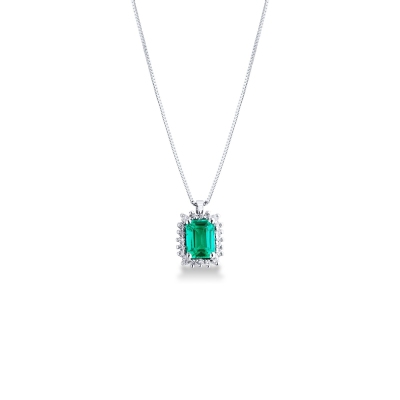 Necklace with pendant, emerald and round cut diamonds