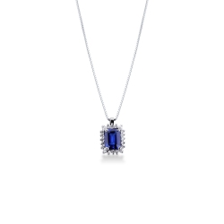 Necklace with pendant, emerald cut blue sapphire and diamonds