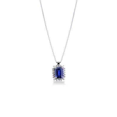 Necklace with pendant, emerald cut blue sapphire and diamonds