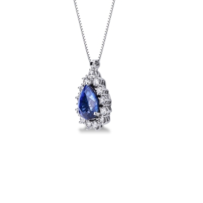 Necklace with pendant, central pear cut blue sapphire and diamonds