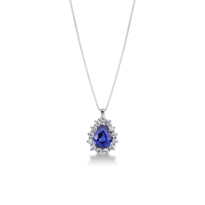 Necklace with pendant, central pear cut blue sapphire and diamonds