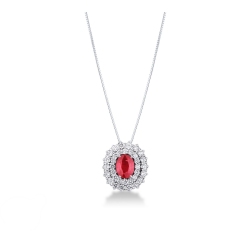 Double halo neacklace in white gold 18k with central ruby oval cut and diamonds 