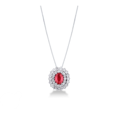 Double halo neacklace in white gold 18k with central ruby oval cut and diamonds 