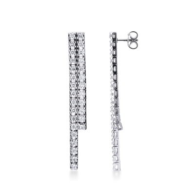 18k white gold double drop tennis earrings with round cut diamonds