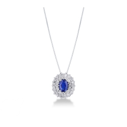 18k white gold double halo necklace with central blue sapphire and diamonds 
