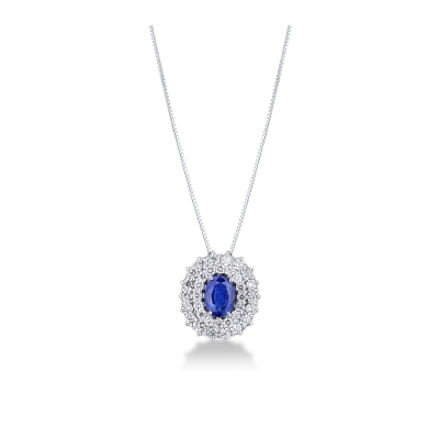 18k white gold double halo necklace with central blue sapphire and diamonds 