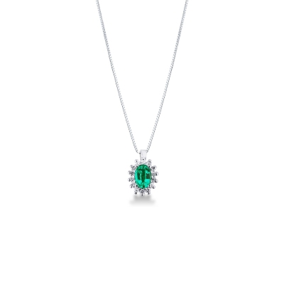 Necklace with pendant, oval cut emerald and diamonds