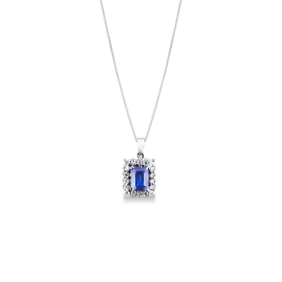 Necklace with pendant, central emerald cut blue sapphire and diamonds