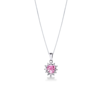 Necklace with pendant, central heart shaped pink sapphire and diamonds
