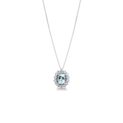 White gold 18k halo pendant with diamonds and oval cut aquamarine