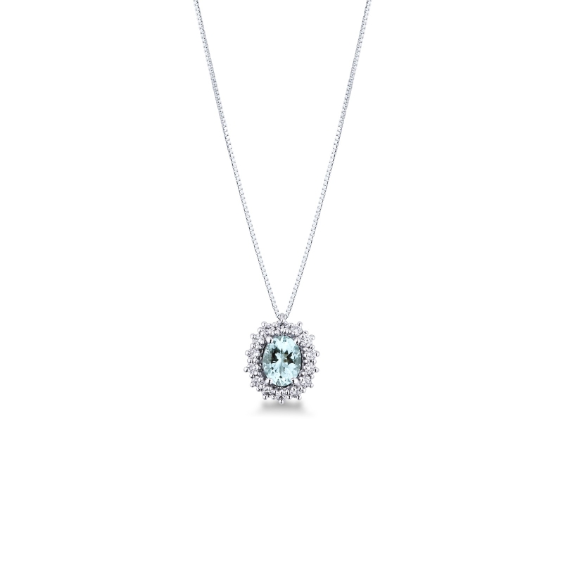 White gold 18k halo pendant with diamonds and oval cut aquamarine