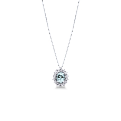 White gold 18k halo pendant with diamonds and oval cut aquamarine