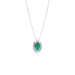 18k white gold Halo necklace, emeralds and diamonds
