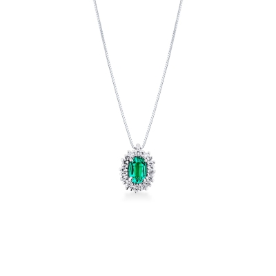 18k white gold Halo necklace, emeralds and diamonds