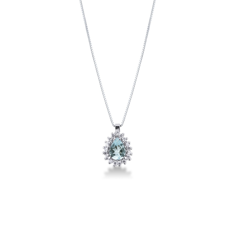 Necklace with pear cut aquamarine and diamonds pendant